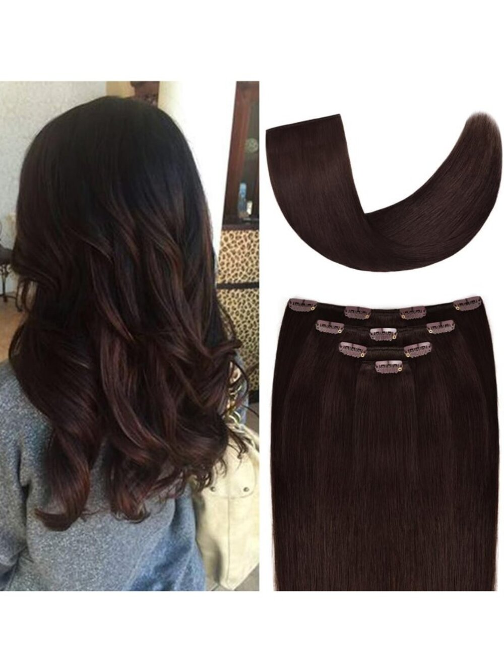 Silky Straight 12" Clip-In Human Hair Extensions - Dark Brown, 50g, 4 Pieces